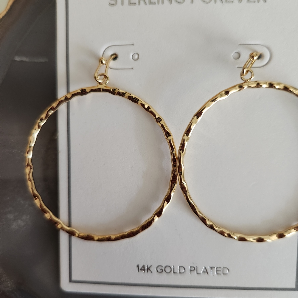 Sterling Forever 14K Gold Hammered Hoop Earrings | NWT Statement - Picture 2 of 3